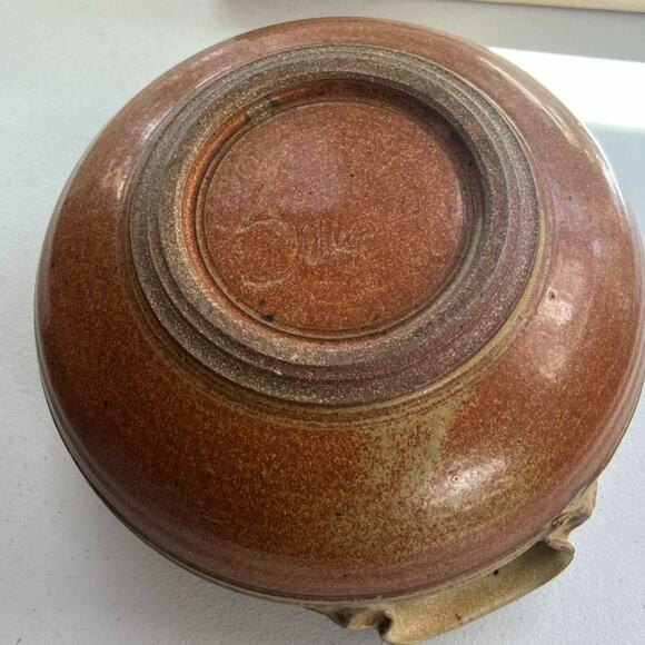 Studio Art Pottery Handmade Striped Speckled Mid Century Bowl 10” X 5.5" Signed - Picture 13 of 16